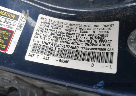 2007 Honda Civic Ex z USA, uszkodzony, nr VIN 1HGFA16897L074960